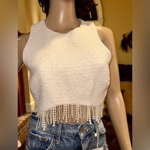 NWT Mango Tweed Cropped Tang with Pearl Tassels Sz S